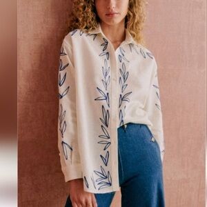 SÉZANE × Roberto Ruspoli NWT Maxy Embroidered Leaf Shirt Navy Ecru Cotton Linen